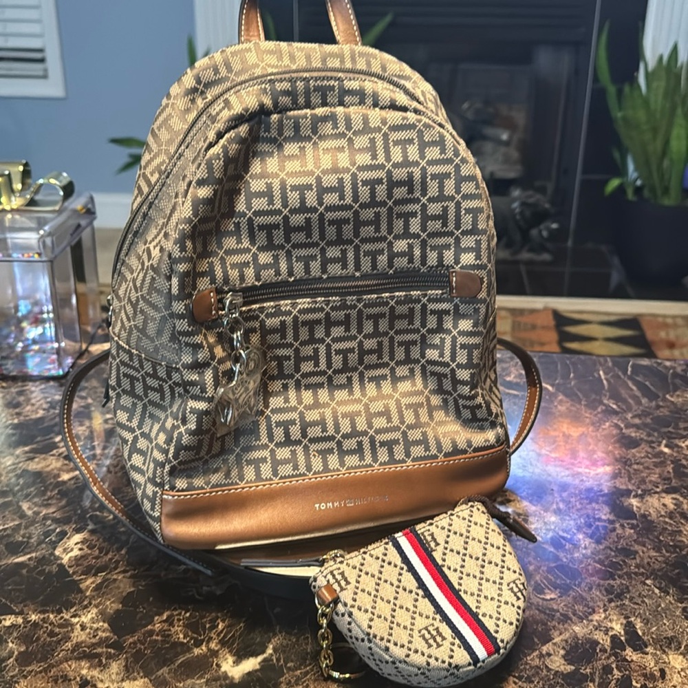 “SOLD” Tommy Hilfiger Brown Monogram Small Backpack Purse with Coin Wallet